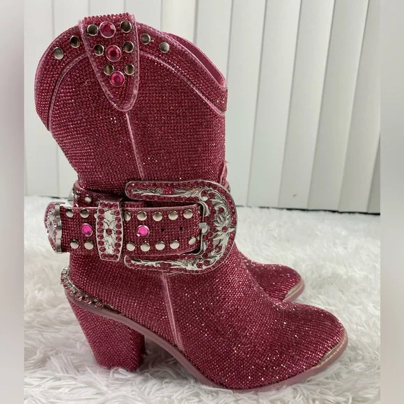 CLUB EXX Pink Sheriff Shine Rhinestone Cowboy Boots Ankle Booties Heeled Size 8 - Picture 3 of 13